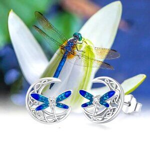 4/20 Dragonfly & Crescent Moon Silver Stud Earrings